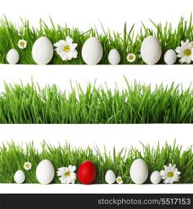 Collection of decorated easter eggs and flowers in grass with copy space