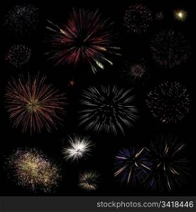 Collection of different firework bursts isolated on black background