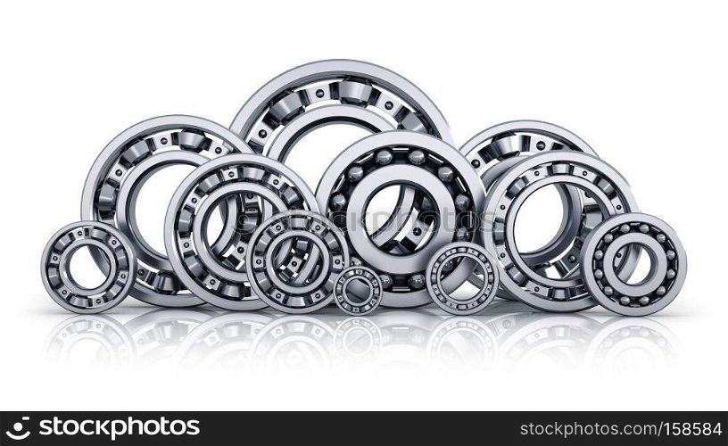 Collection of different steel shiny ball bearings isolated on white background with reflection effect