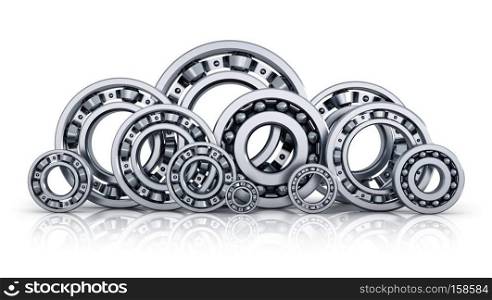Collection of different steel shiny ball bearings isolated on white background with reflection effect