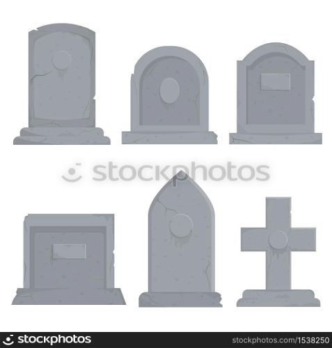 Collection of different various gravestones vector graphic illustration. Cartoon grey grave decoration set isolated on white background. Concept of funeral ceremony design. Collection of different various gravestones vector graphic illustration