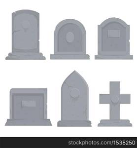 Collection of different various gravestones vector graphic illustration. Cartoon grey grave decoration set isolated on white background. Concept of funeral ceremony design. Collection of different various gravestones vector graphic illustration