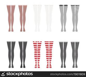 Collection of elegant ladies stockings. Front and back views. Cartoon flat style. Vector illustration