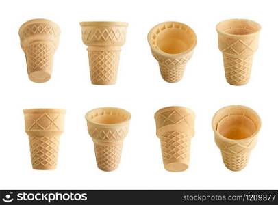 Collection of empty ice cream cones isolated on white background