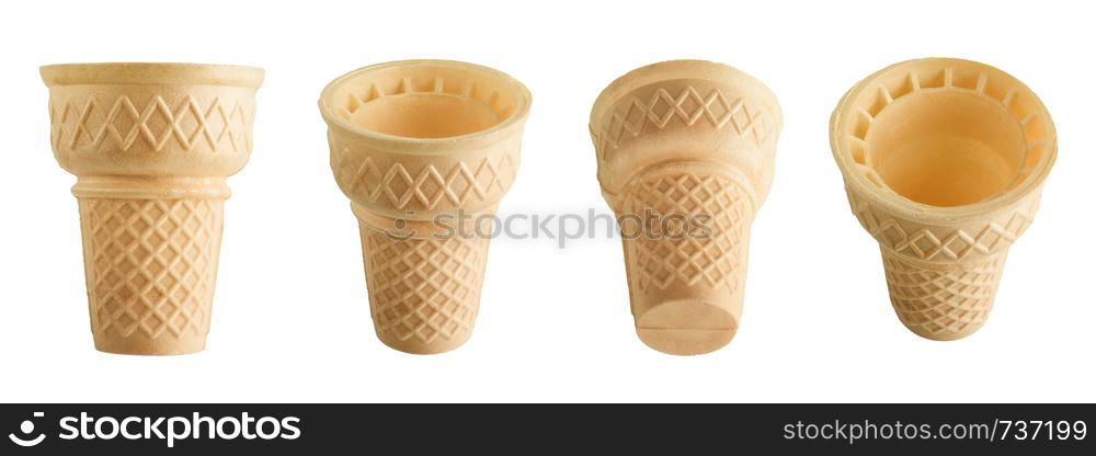 Collection of empty ice cream cones isolated on white background