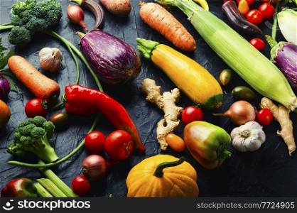 Collection of fresh summer and autumn vegetables.Vegan food. Big set of fresh vegetables,food background