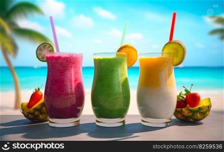 Collection of fruits smoothies on beach tropical resort background. Generative AI.