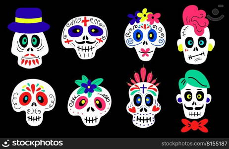 Collection of funny colorful cartoon skulls of different types on black background for Halloween and Day of the dead celebration concept designs. Collection of funny colorful skulls