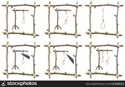 Collection of gallows in twig frame isolated on white background