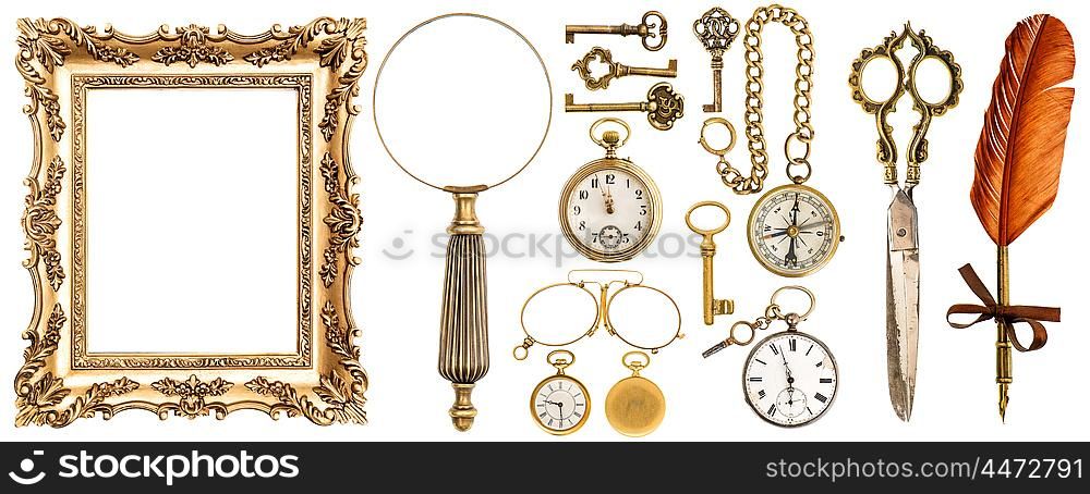 Collection of golden vintage accessories and antique objects. Old keys, picture frame, clock, loupe, compass, ink feather pen, scissors, glasses isolated on white background