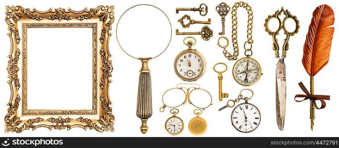 Collection of golden vintage accessories and antique objects. Old keys, picture frame, clock, loupe, compass, ink feather pen, scissors, glasses isolated on white background