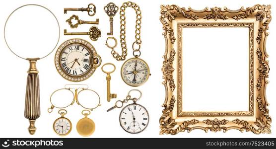 collection of golden vintage goods, jewelry and objects. Antique picture frame, keys, clock, loupe, compass, glasses isolated on white background