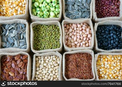 Collection of grain, cereal, seed, bean, agriculture product of Asia countries, is healthy food, nutrition eating and fibre food