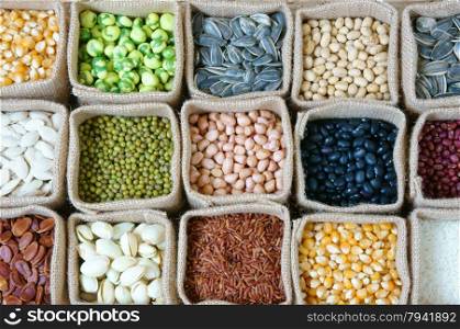 Collection of grain, cereal, seed, bean, agriculture product of Asia countries, is healthy food, nutrition eating and fibre food