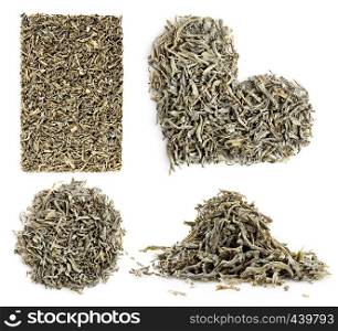Collection of green tea leaves isolated on white with copy space