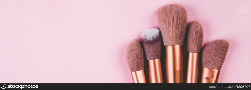 Collection of group makeup brush size with various isolated on pink background, set of make-up artist, no people, cut out, object about beauty of female.