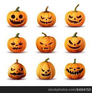 Collection of Halloween Pumpkins Isolated on White Background. Generative ai. High quality illustration. Collection of Halloween Pumpkins Isolated on White Background. Generative ai