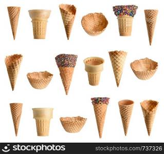 Collection of ice cream cones with chocolate and sprinkles isolated on white background