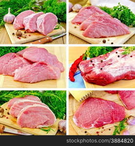 Collection of images of pork, garlic, dill, napkin, parsley, onions on a wooden boards background