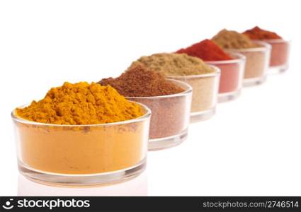 collection of indian spices (cumin, coriander, paprika, garam masala, curcuma, chili powder) on glass cups isolated on white background (shallow DOF, focus on first)