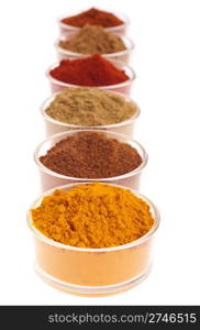 collection of indian spices (cumin, coriander, paprika, garam masala, curcuma, chili powder) on glass cups isolated on white background (shallow DOP, focus on first)