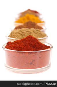 collection of indian spices (cumin, coriander, paprika, garam masala, curcuma, chili powder) on glass cups isolated on white background (shallow DOP, focus on first)