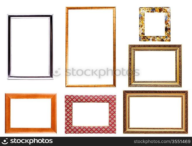 Collection of isolated empty picture frames on white background