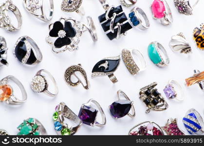 Collection of jewellery rings on white