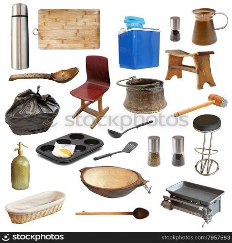 collection of kitchen related objects isolated over white