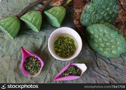 Collection of lotus, pink lotus flower, green seed, white lotus seed in fresh and dry, herbal tea of this flora, with amazing, abstract concept in vibrant color, this food make healthy , good sleep