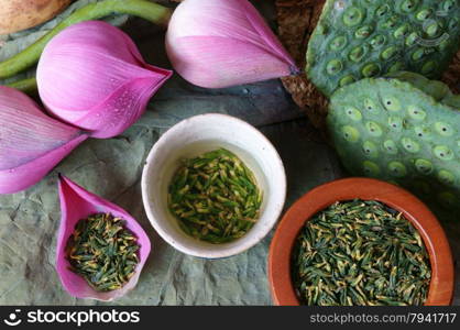 Collection of lotus, pink lotus flower, green seed, white lotus seed in fresh and dry, herbal tea of this flora, with amazing, abstract concept in vibrant color, this food make healthy , good sleep