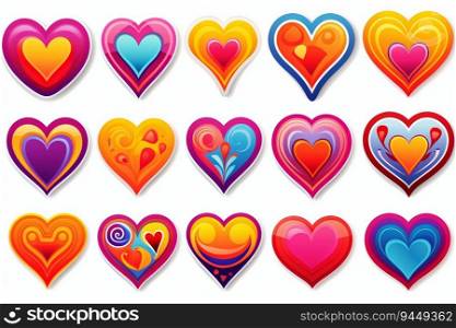 Collection of Love Heart Groovy Colourful Stickers Isolated on White Background. Generative ai. High quality illustration. Collection of Love Heart Groovy Colourful Stickers Isolated on White Background. Generative ai
