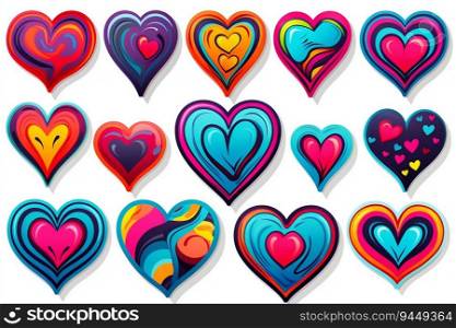 Collection of Love Heart Groovy Colourful Stickers Isolated on White Background. Generative ai. High quality illustration. Collection of Love Heart Groovy Colourful Stickers Isolated on White Background. Generative ai