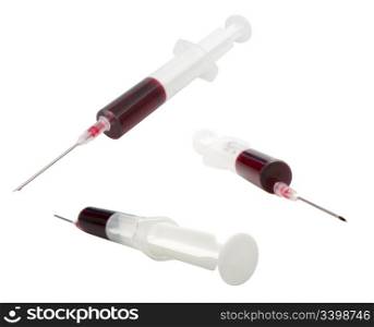 Collection of Medical Syringes With Blood Isolated on White