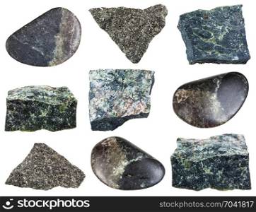 collection of natural mineral specimens - various Dunite (Olivinite) stones isolated on white background