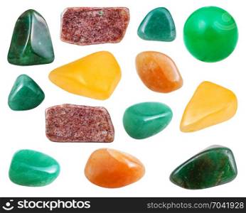 collection of natural mineral specimens - various polished aventurine gemstones isolated on white background