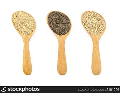 Collection of natural organic superfood of chia seeds, white quinoa and white sesame seeds in wooden spoon on white background