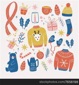 Collection of new year and christmas elements. Traditional winter holiday decoration, clothes, gifts and animals, isolated. Colorful illustration