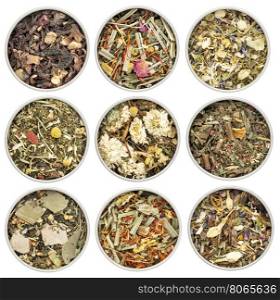 collection of nine herbal blend Chinese tea in round metal cans, top view isolated on white