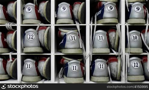 Collection of numbered bowling shoes.