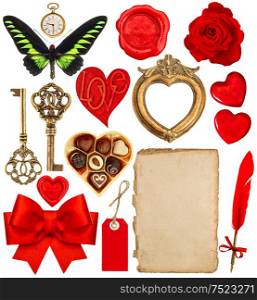 Collection of objects for Valentines Day scrapbook. Paper with pen, red hearts, golden frame, antique clock, key, feather pen, flower, butterfly, red ribbon bow