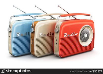 Collection of old color vintage retro style radio receivers isolated on white background