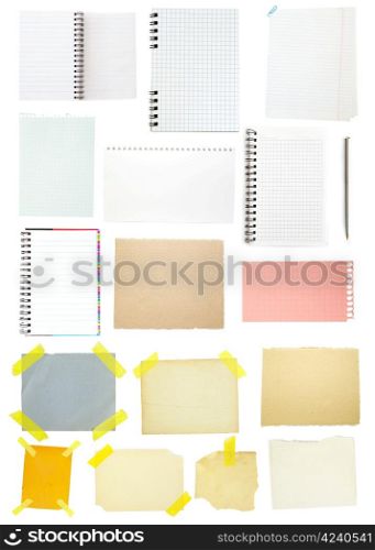 collection of old note paper on white background.
