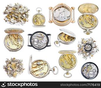collection of old retro wathes and clock parts isolated on white background