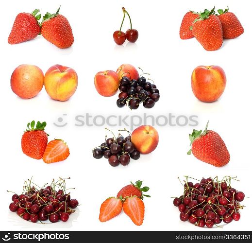 collection of peaches, strawberries and cherries isolated on white background