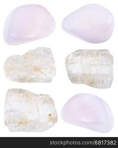 collection of pink polished and raw crysal petalite mineral stones isolated on white background