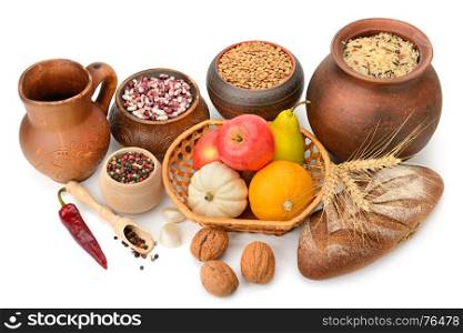 Collection of products: seeds, fruits, vegetables, bread isolated on white background. Top view.
