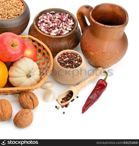 Collection of products: seeds, fruits, vegetables, bread isolated on white. Top view.