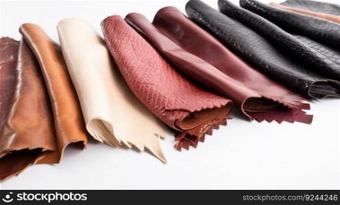 Collection of samples of natural leather for clothes, furniture in row, white background. Header banner mockup with copy space. AI generated.. Collection of samples of natural leather for clothes, furniture in row, white background. AI generated.