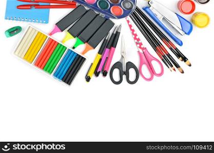 Collection of school supplies, isolated on pure white background. Flat lay, top view. Free space for text.